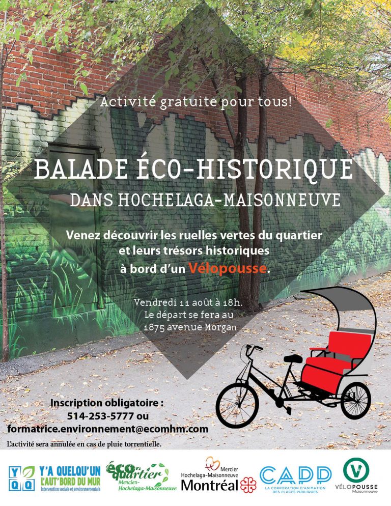 Affiche promotionnelle de la balade éco-historique en vélopousse