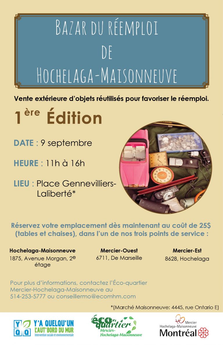 Affiche promotionnelle du premier bazar du réemploi d'Hochelaga-Maisonneuve
